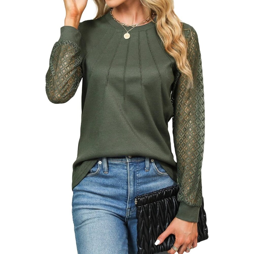 Women's Waffle Knit Tops Dressy Casual Blouses Lace Long Sleeve Army Green